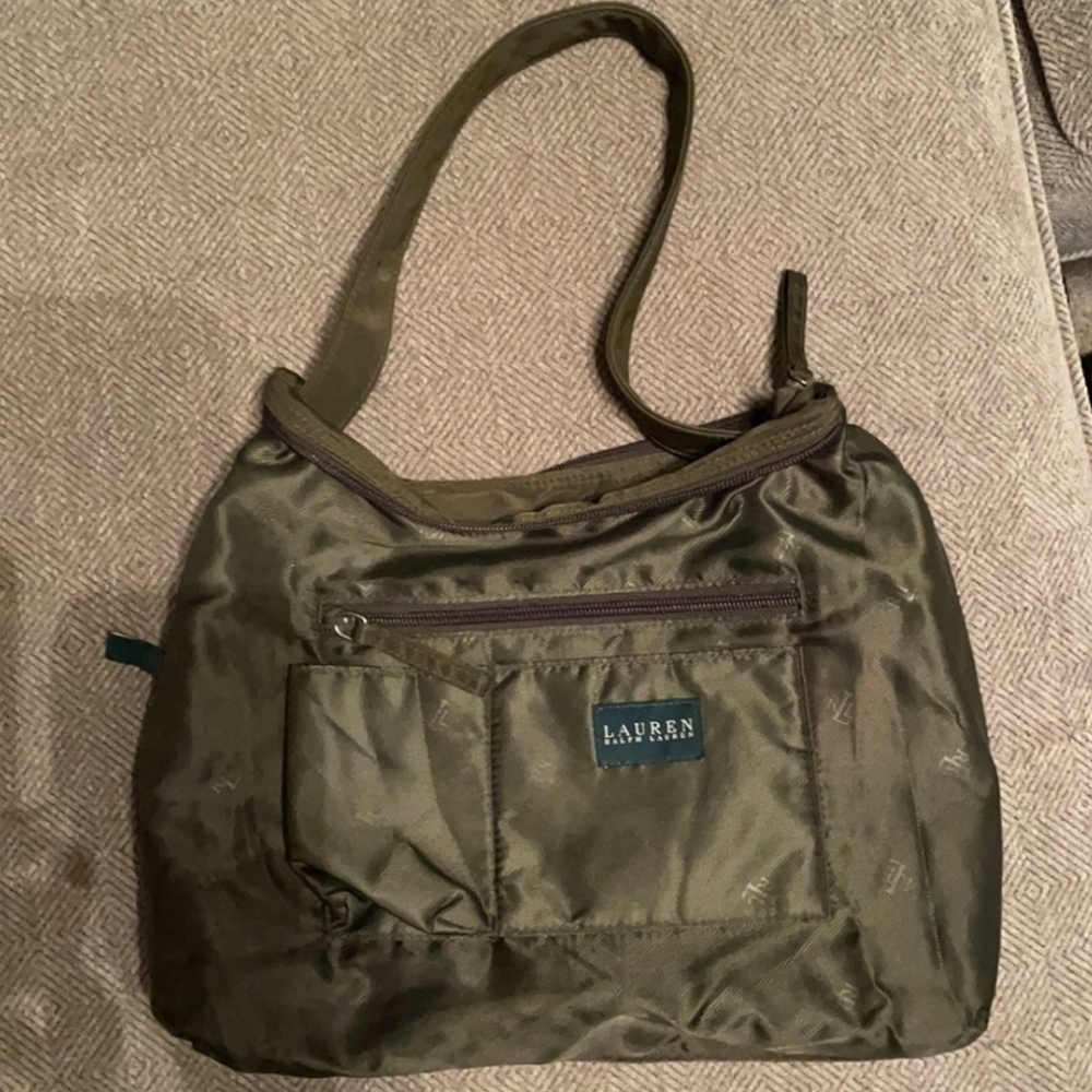 Lauren Ralph Lauren green‎ nylon canvas purse | Jesus Button decor pins - Picture 7 of 16